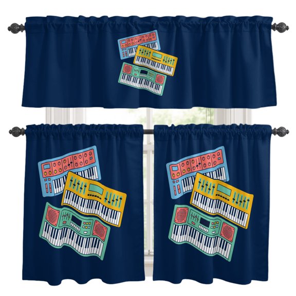 Colored Instruments Kitchen Curtains Set for Windows, Retro Green Yellow Blue Elements Blue Curtains Valance and Tier 3 Piece Set Small Drapes 24 Inch Length for Kitchen Bedroom Decor