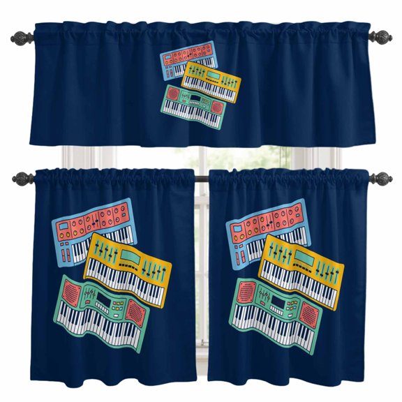 Colored Instruments Kitchen Curtains Valances and Tiers Set of 3 Retro Green Yellow Blue Elements Blue Tier Curtains and Valance with Rod Pocket for Small Windows, 27.5"x24"