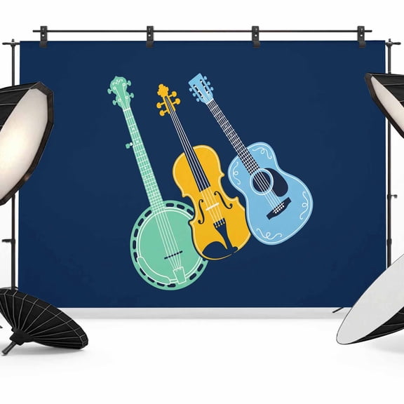 Colored Instruments Photography Backdrop 7x5FT, Retro Green Yellow Blue Guitar Blue Photo Backdrops, Background for Photography Studio Photo Studio Background, Back Drop for Photoshoot