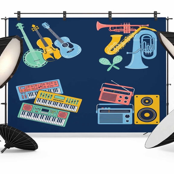 Colored Instruments Photography Backdrop 7x5FT, Retro Yellow Blue Red Musical Instruments Blue Photo Backdrops, Background for Photography Studio Photo Studio Background, Back Drop for Photoshoot