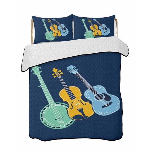 Colored Instruments Quilts Bedding Set Twin Size Retro Green Yellow Blue Guitar Blue Lightweight Quilted Bedspread 3 Piece Bed Quilt with 2 Pillow Shams All Season for Bedroom 68" x 86"