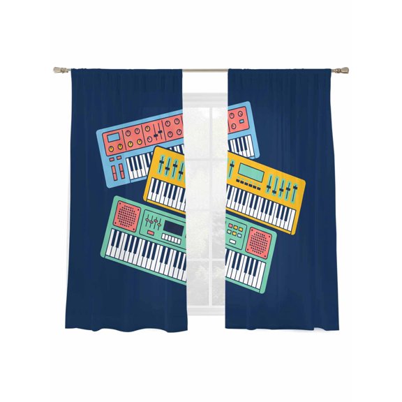 Colored Instruments Sheer Curtains 2 Panels Set Retro Green Yellow Blue Elements Blue Sheer Window Curtains Light Filtering Rod Pocket Voile Drapes for Bedroom Living Room 52"x63"