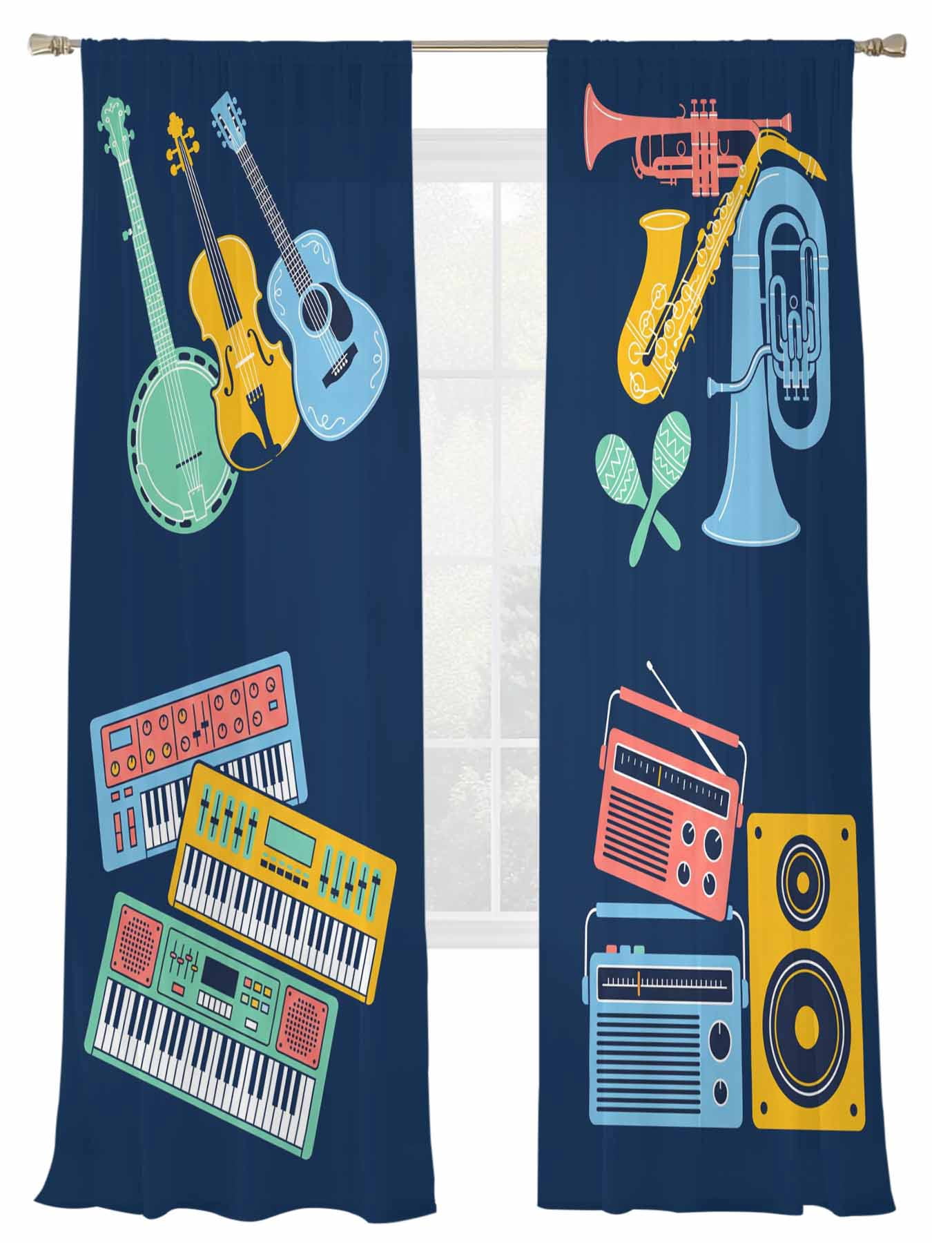 Musical Instrument Window Type Colored Instruments Sheer Curtains 2 Panels Set Retro Yellow Blue Red ...