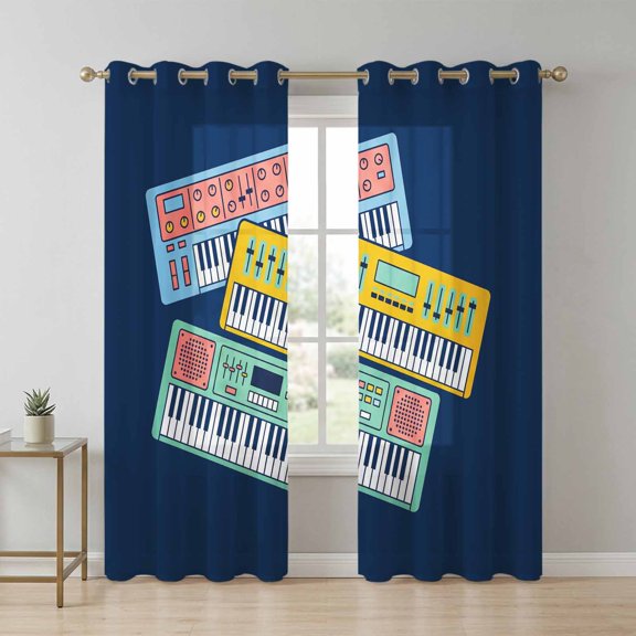Colored Instruments Sheer Curtains 72 Inch Long 2 Panels, Retro Green Yellow Blue Elements Blue Light Filtering Semi Sheer Drapes Grommet Voile Window Curtain for Living Bedroom W52 x L72