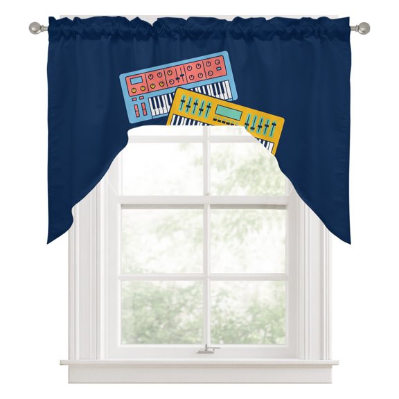 Colored Instruments Swag Valance for Windows, Retro Green Yellow Blue Elements Blue Swag Curtains Valances for Small Window Treatment Rod Pocket for Kitchen Bathroom 1 Panel 56x36in