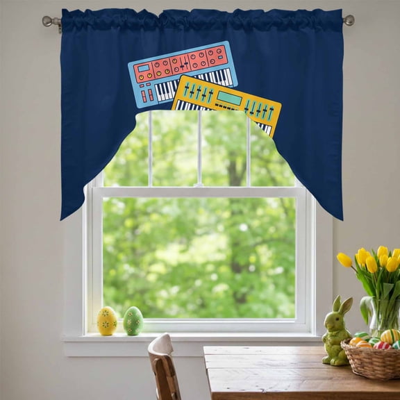 Colored Instruments Swag Valances for Kitchen Window, Retro Green Yellow Blue Elements Blue Small Swag Valances Rod Pocket Curtain Drapes Window Treatment for Bedroom Bathroom, 56x36 Inch