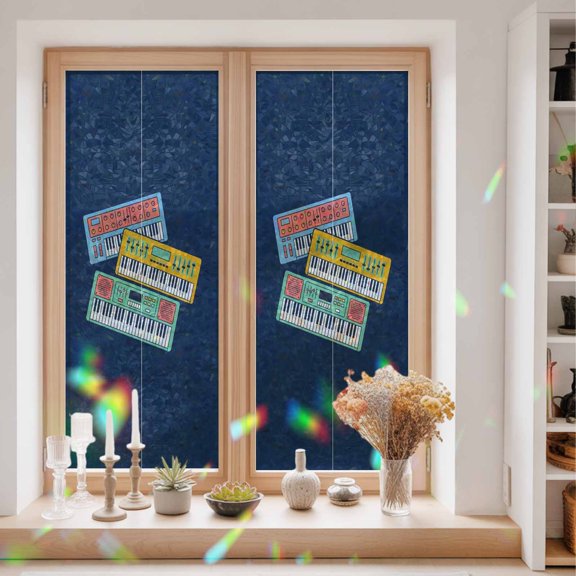 Colored Instruments Window Privacy Film Retro Green Yellow Blue Elements Blue Static Cling Stained Glass Window Film Non-Adhesive Decorative Decals Rainbow Sticker 23.6"X59"
