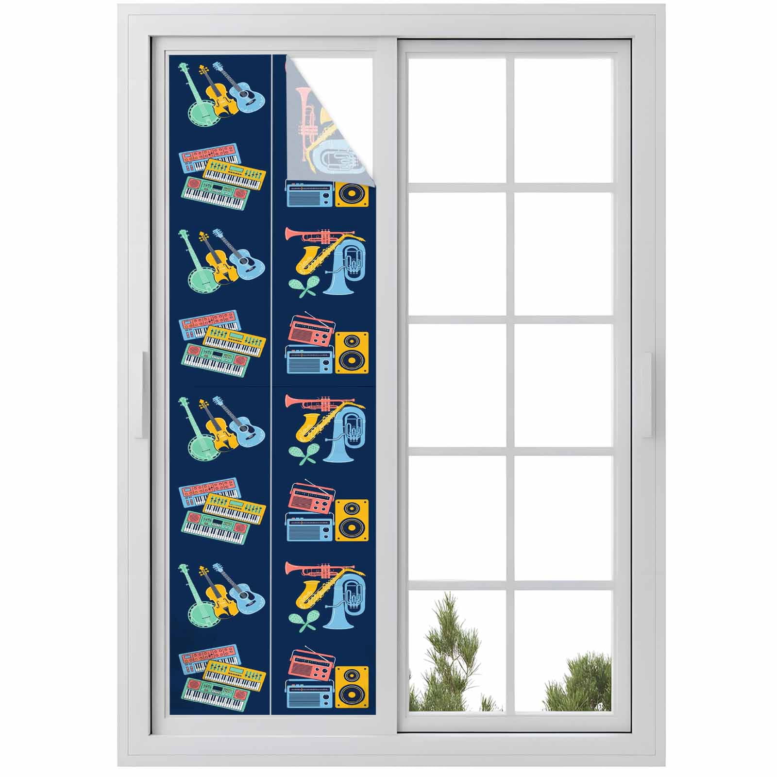 Colored Instruments Window Privacy Film, Retro Yellow Blue Red Musical ...