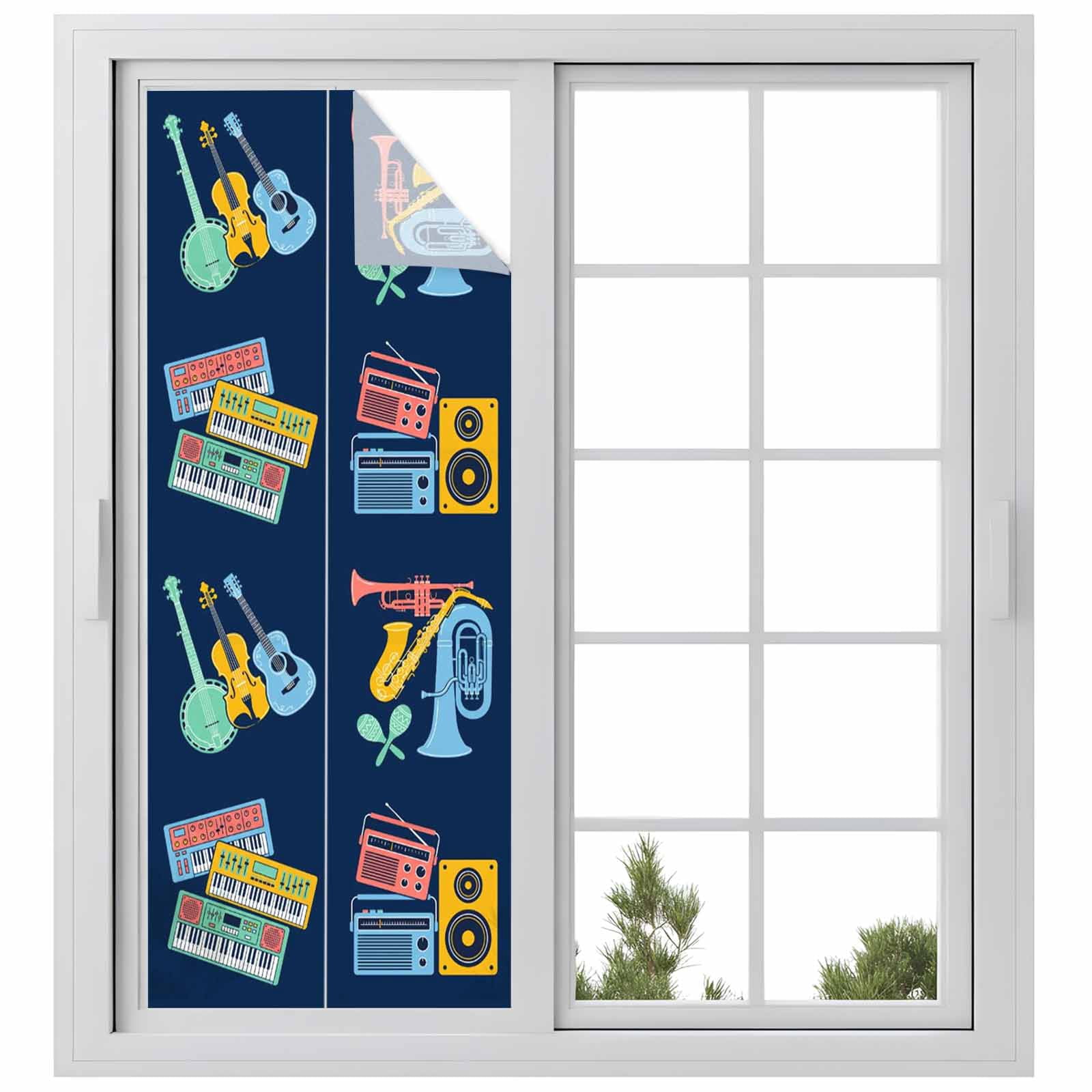 Colored Instruments Window Privacy Film, Retro Yellow Blue Red Musical ...