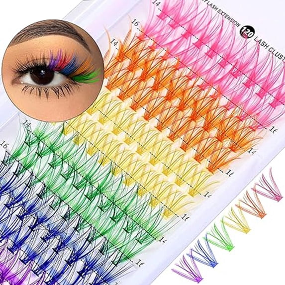 Colored Lash Clusters, Individuals Eyelash Clusters DIY Colored Eyelash Extension Kit 6 Colors Rainbow Individual Lashes 14/16mm D Curl(120pcs)