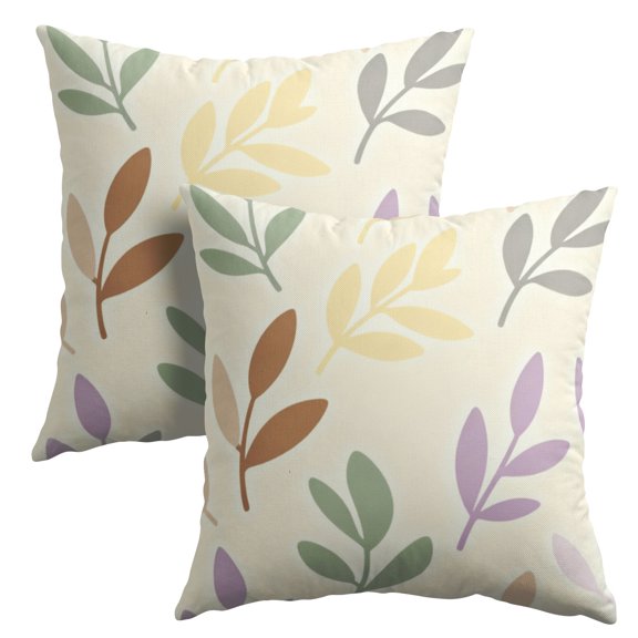 Colored Leaf Pattern Linen Texture Throw Pillow Covers Set of 2 White and Beige Base Color Printed Plant Pattern Cushion Covers 18x18 inch for Bedroom Headboard, Living Room Sofa