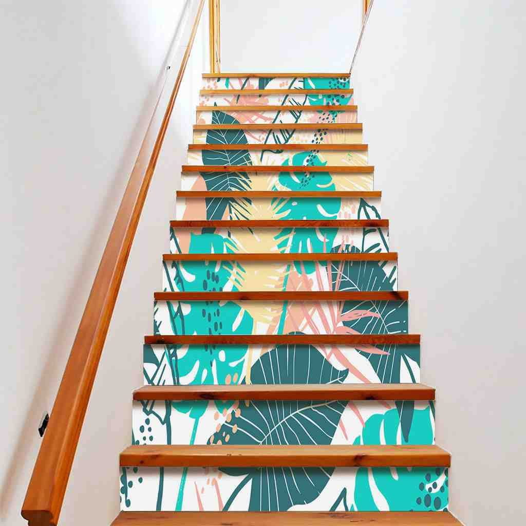 Colored Leaves Stair Stickers Tropical Palm Leaf Staircase Sticker Decals Watercolor Plant