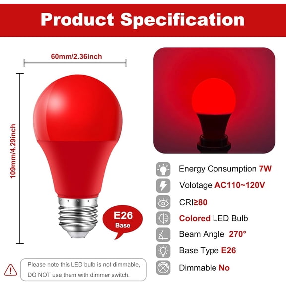 Colored Light Bulbs,A19 7W E26 Color LED Lights Bulb,60 Watt Equivalent,for Outdoor Indoor,Multicolor,Red Yellow Blue Green Orange Pink Purple,for Halloween Party Christmas Bedroom,Pack of 7