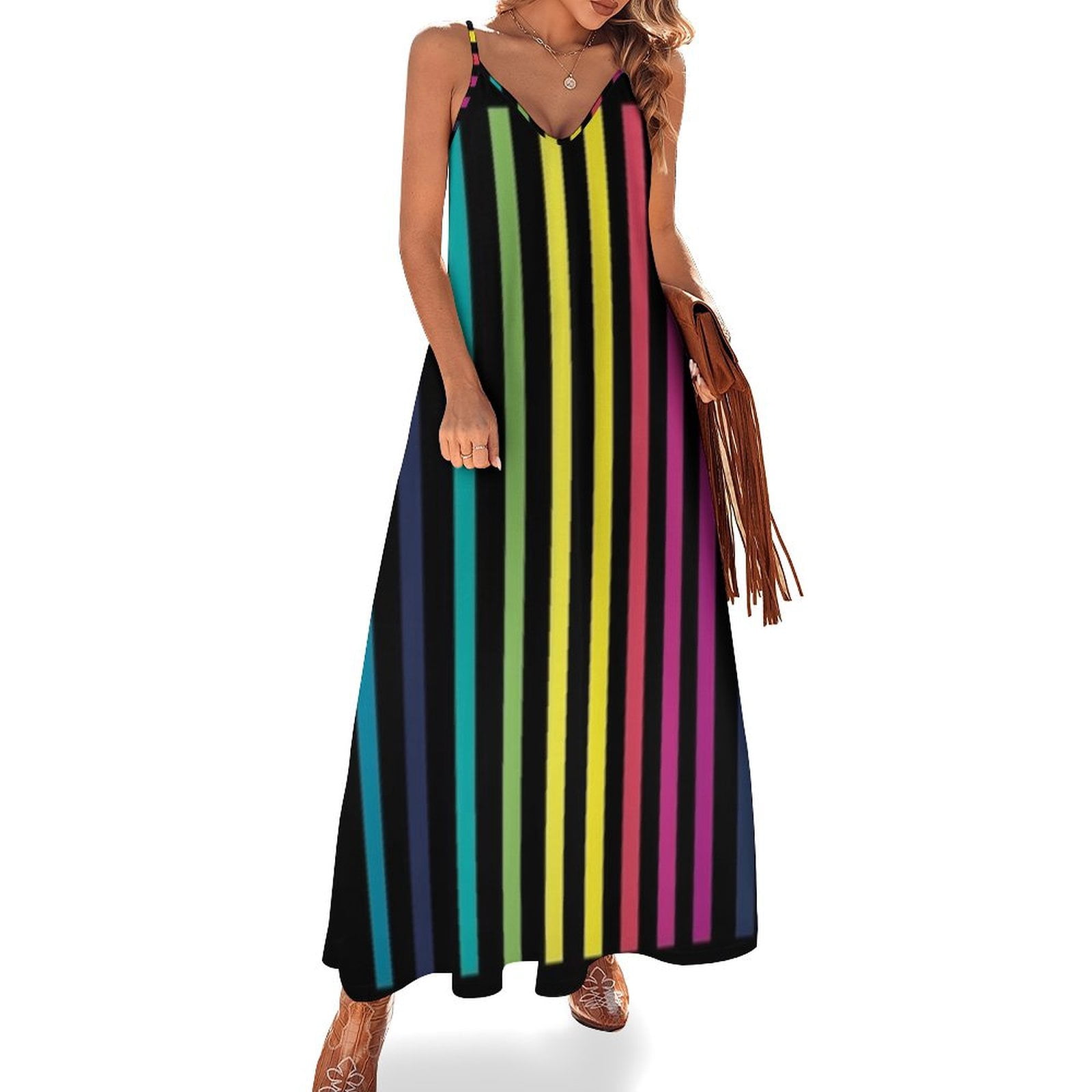 women's long striped suspender dress