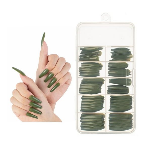 Colored Long Coffin Press On Nails Ballerina Acrylic Artificial False Nail Tips Full Cover Manicure Designs ABS Army Green