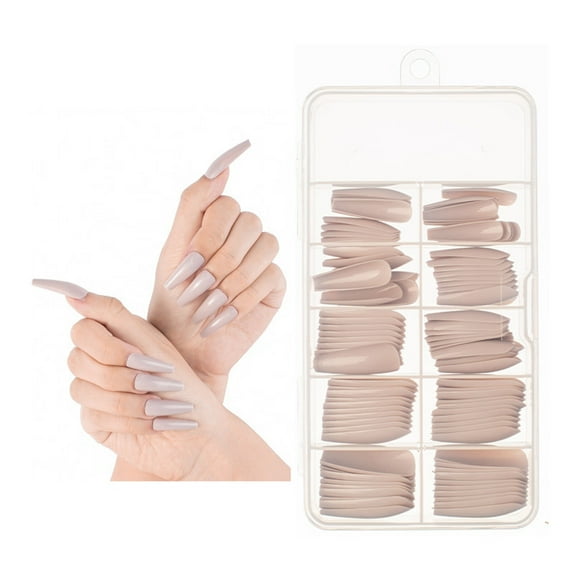 Colored Long Coffin Press On Nails Ballerina Acrylic Artificial False Nail Tips Full Cover Manicure Designs ABS Khaki