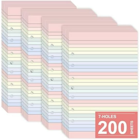 Colored Loose Leaf Papers 5.5 x 8.5 paper 7-Hole Lined Filler Paper College Ruled Notebook Refill Pad Pastel Colored Lined Refills Hole Punched Notebook Refills for 3 or 7 Ring Binders（200）
