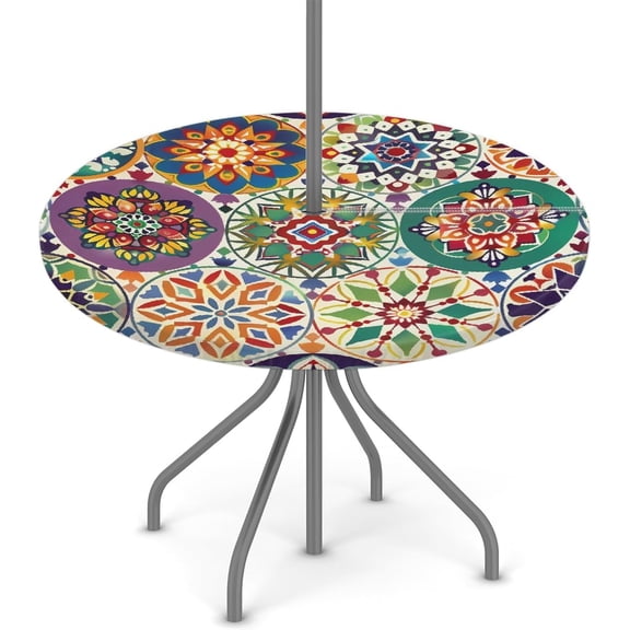 Colored Mandala Flower Pattern Outdoor Tablecloth with Umbrella Hole, Round Elastic Fitted Table Cloth with Zipper, Waterproof Picnic Patio Table Covers Fits 44 in Tables