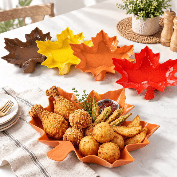 Colored Maple Leaf Plastic Serving Trays, 4-Pack Fall Thanksgiving Platters