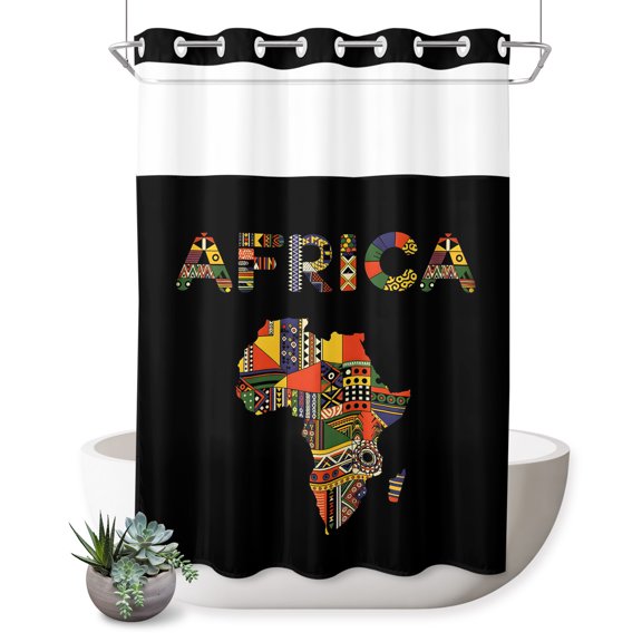 Colored Maps No Hook Shower Curtain Africa Plates Red Green Geometric Abstract Shower Curtain with See Through Top Window, Waterproof Washable Fabric Curtain for Bathroom Hotel Decor, 72Wx96L