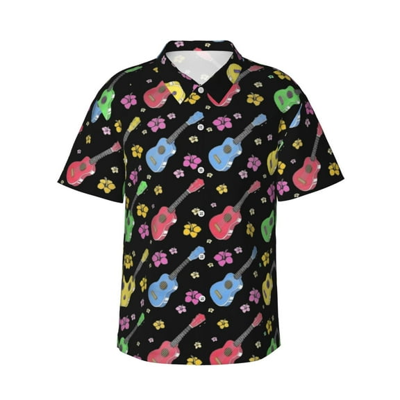 Colored Music Guitar Floral Hawaiian Shirts For Men, Summer Short-Sleeve Relaxed-Fit Button-Down Shirts Small