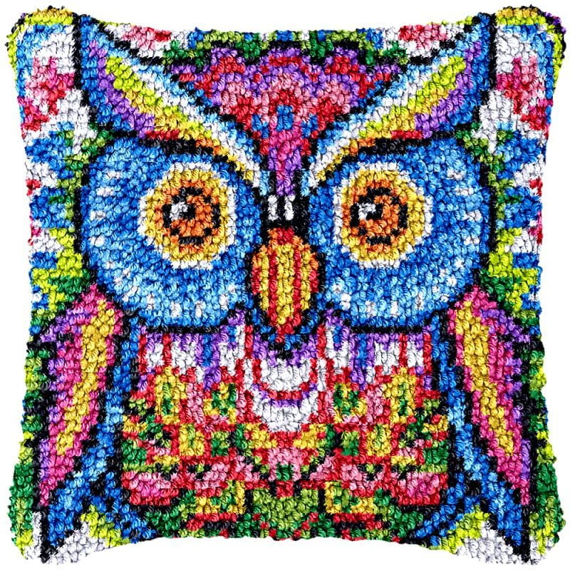 Colored Owl Latch Hook Pillow Cover Kits for DIY Handmade Throw Pillow Cross Stitch Latch Hook Pillowcase Rug Kits with Preprinted Color Pattern Canvas Crochet Yarn Kits 17''X 17''(ch11)