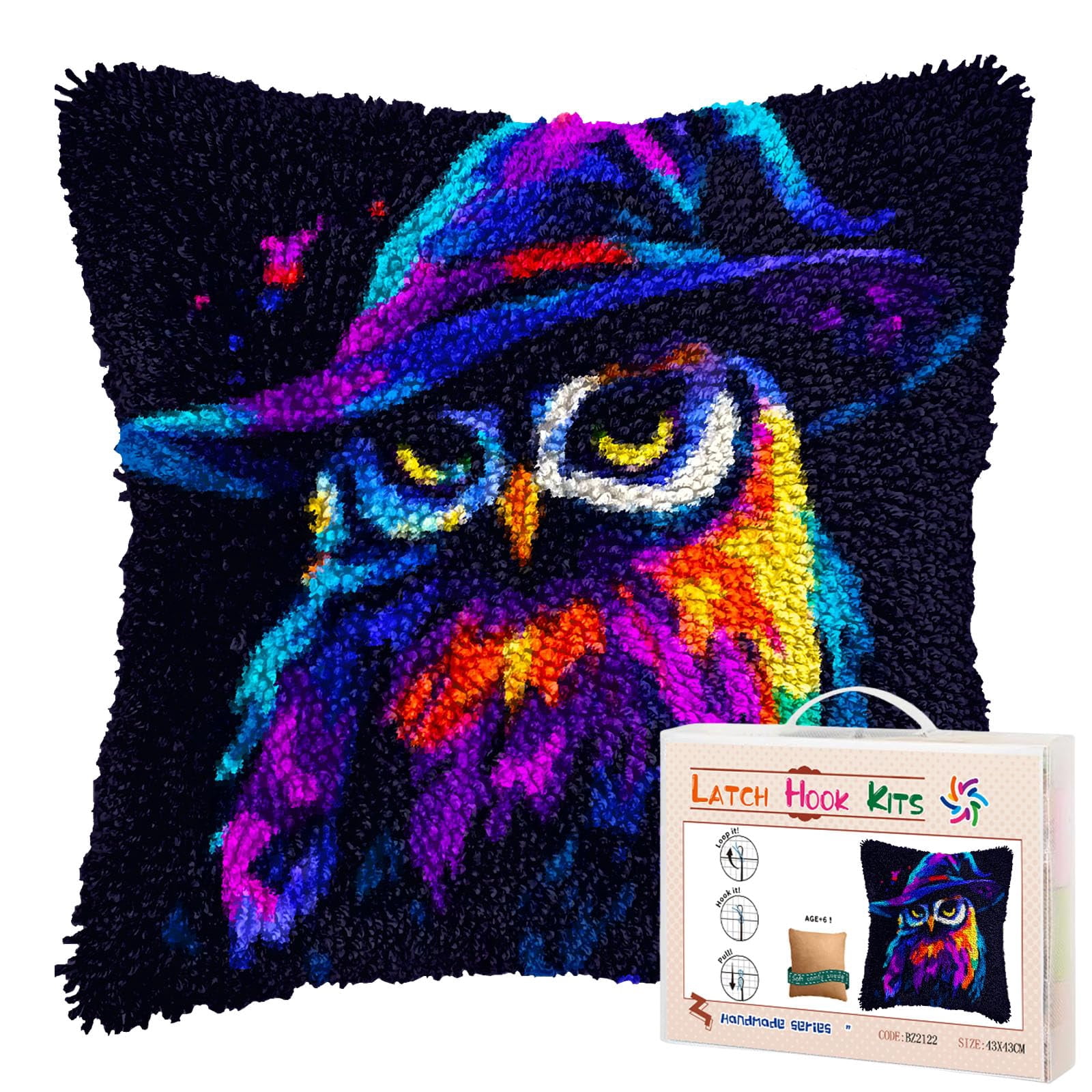 Colored Owl Wear Witch Hat DIY Latch Hook Pillow Kits for Adults Printed Pillowcase Crochet Yarns Hooking Handmade Pillow Cover Cushion for Home Sofa Decoration 17x17inch