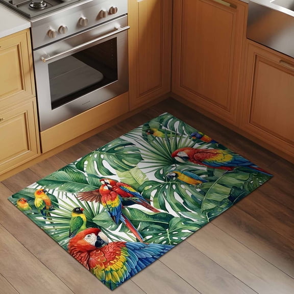 Colored Parrot 2x3 Rug for Entryway Front Door Kitchen Sink Area, Oil Painted Tropical Parrot Green Leaf Low Pile Washable Non Slip Rectangle Area Rug
