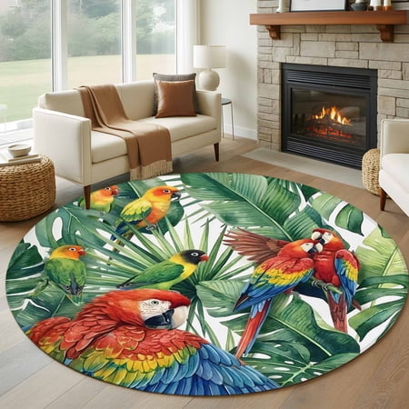 Colored Parrot 7FT Round Area Rugs for Living Room Oil Painted Tropical Parrot Green Leaf Ultra-Thin Non-Slip Round Rugs Machine Washable Low Pile Circle Carpet for Bedroom Kitchen Nursery