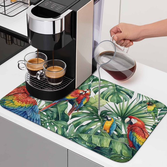 Colored Parrot Dish Drying Mats for Kitchen Counter, Oil Painted Tropical Parrot Green Leaf Absorbent Coffee Bar Mat with Non-slip Rubber Backed Quick Drying Dish Rack Pad 12"x16"