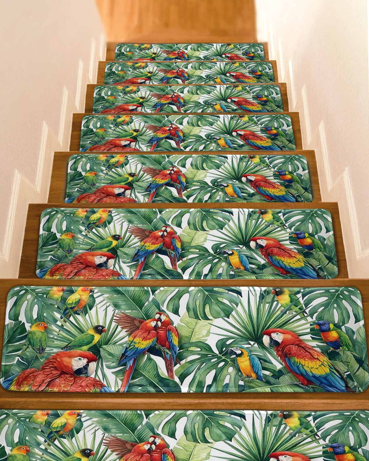 Parros Rugs Colored Parrot Stair Treads Oil Painted Tropical Parrot Green Leaf ...