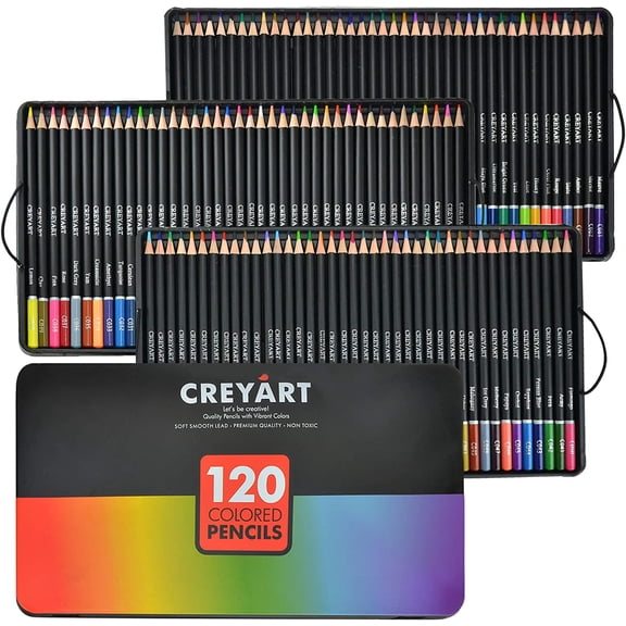 Colored Pencils Set of 120 Pre-Sharpened Nontoxic Art Supplies for Kids and Adults - Soft and Thick Oil Based Leads 120 Colors in Tin Box - By Creyart