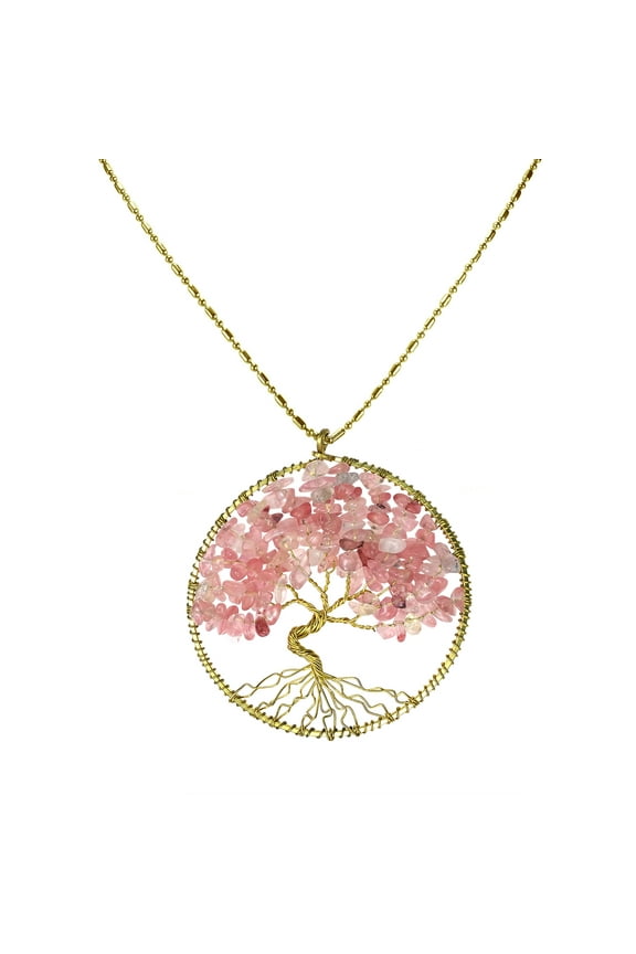 Colored Pink Glass Eternal Tree of Life Brass Long Necklace
