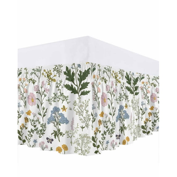 Colored Plant Bed Skirt California King Size 18" Drop Flowers Leaf Butterfly Ruffled Wrap Around Bed Skirts Adjustable Elastic Bedskirt Dust Ruffle for California King Size Bed
