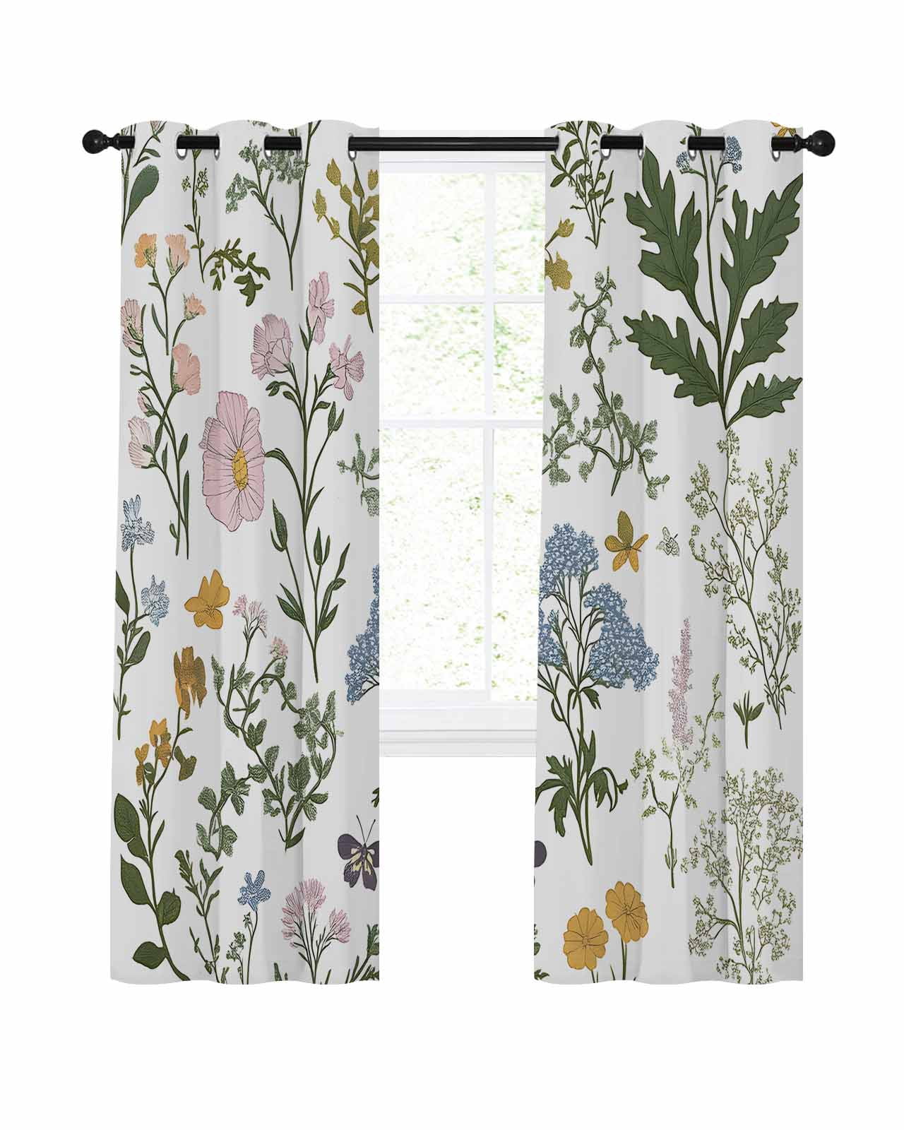 Colored Plant Blackout Curtains for Bedroom Living Room, Flowers Leaf Butterfly 39 In Long Thermal Insulated Room Darkening Drapes Grommet Window Treatments, 27.5 x 39 In