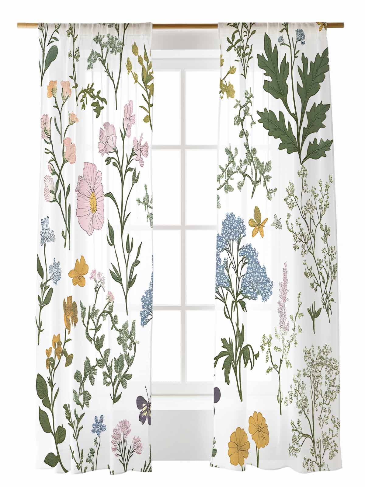 View of Colored Plant Sheer Curtains 2 Panels Set Flowers Leaf Butterfly Lihgt Filtering Rod Pocket ...