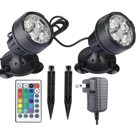 Colored Pond Lights with Timer, Underwater Fountain Light | Submersible LED Spotlights Dimmable IP68 Waterproof with Spiked Stand for Outdoor Pond Fountain Waterfall (Set of 2)