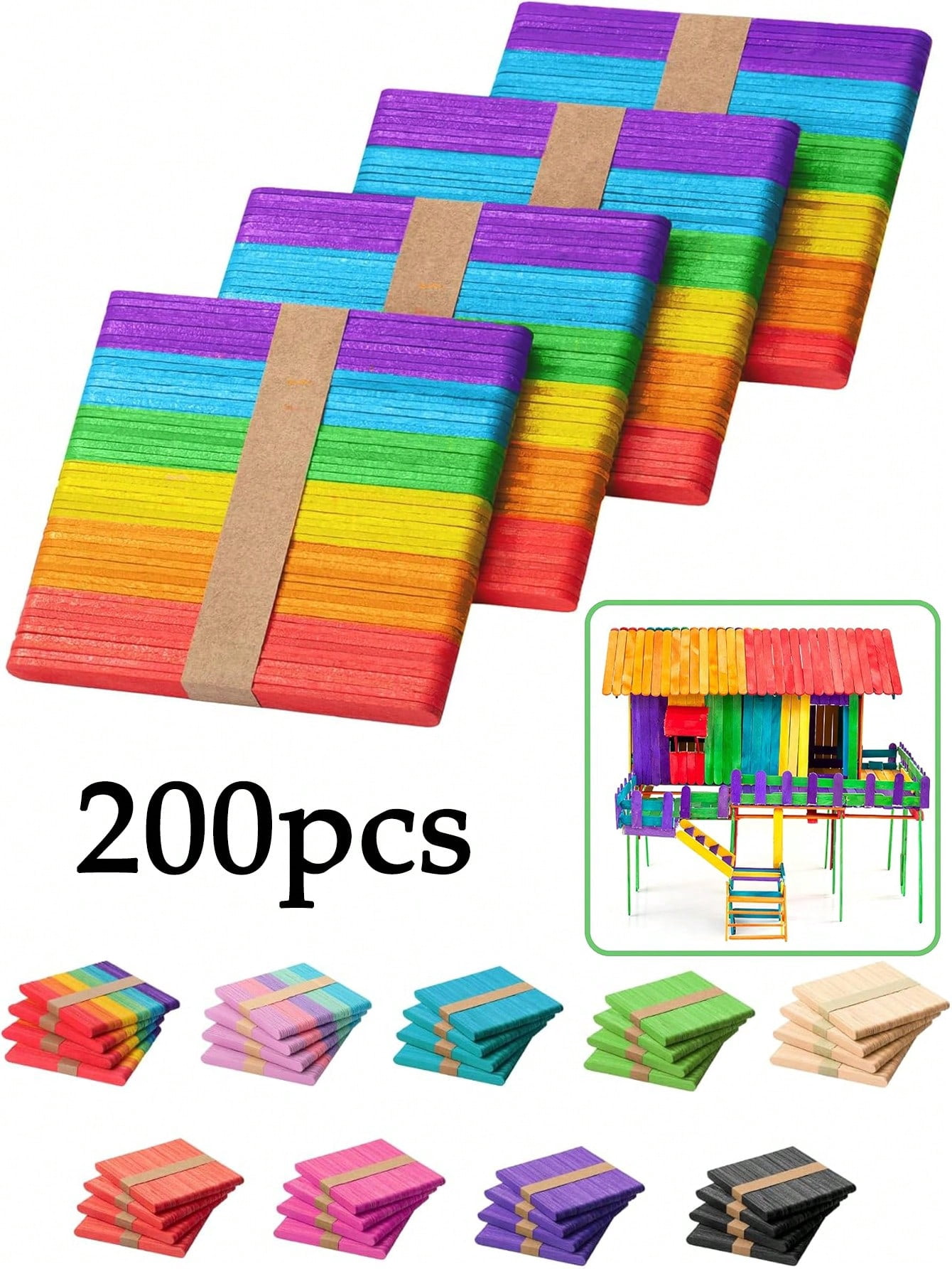 Colored Popsicle Sticks, Wooden Rainbow 4.5 Inch Craft Sticks, Ice Cream Sticks for DIY Handmade Supplies, Colored, 200pcs