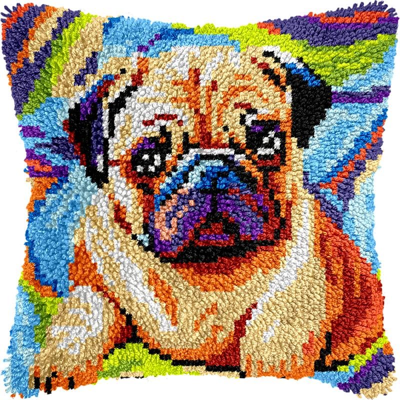 Colored Pug Latch Hook Pillow Kits Cushion Pillowcase with Pattern Printed Canvas Sofa Hooking Pillows Crafts Embroidery Latch Hooking Crochet Kits 17x17 inch(57)