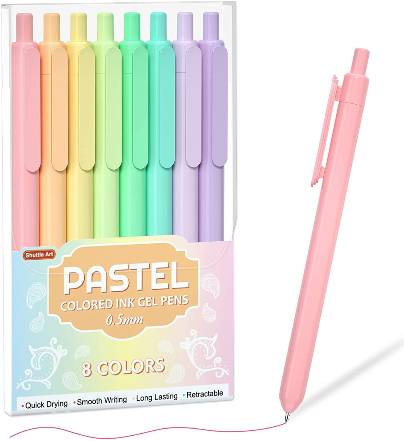 Colored Retractable Gel Pens, Shuttle Art 8 Pastel Ink Colors, Cute Pens 0.5mm Fine Point Quick Drying for Writing Drawing Journaling Note Taking