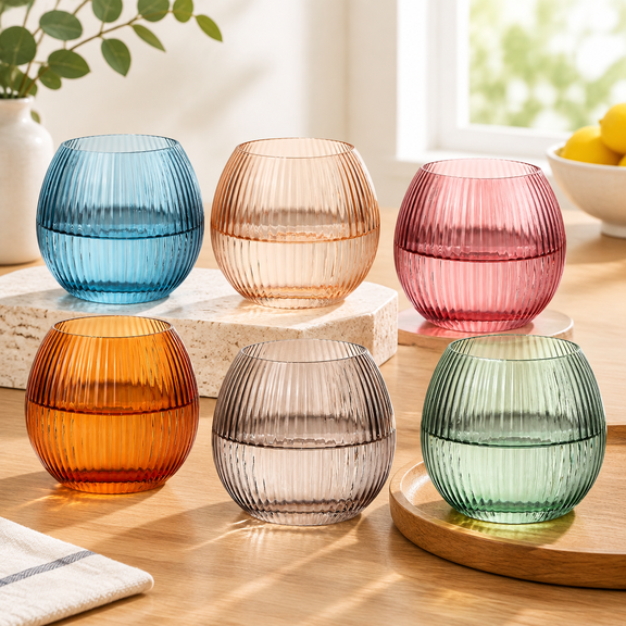 Colored Ribbed Drinking Glasses Set of 6-10.8 OZ Stemless Wine Champagne Whiskey Cocktail Glass, Reusable Wine Cups for Home Party Wedding Bar