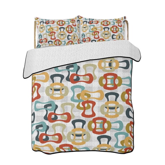 Colored Rings 3 Piece Quilt Bedding Set with 2 Pillow Shams, Abstract Retro Colorful Ring Grey Plaid Lightweight Bedspread Coverlet, Soft Breathable All Season Quilt, 68 x 86 Inch
