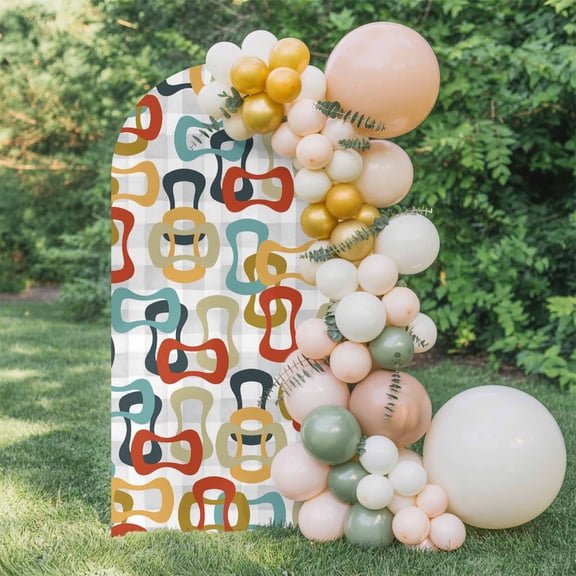 Colored Rings Arch Backdrop Cover 4 FT, Abstract Retro Colorful Ring Grey Plaid Wedding Arch Cover Stretchy Backdrop Stands Covers for Birthday Party Ceremony Banquet Decor