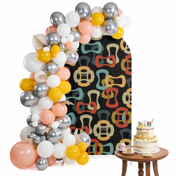 Colored Rings Arch Backdrop Cover 4FT Abstract Retro Colorful Ring Black Spandex Fitted Arch Covers Stretchy Backdrop Decoration for Wedding Birthday Graduation Party