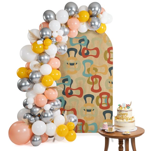 Colored Rings Arch Backdrop Cover 5FT Abstract Retro Colorful Ring Brown Spandex Fitted Arch Covers Stretchy Backdrop Decoration for Wedding Birthday Graduation Party
