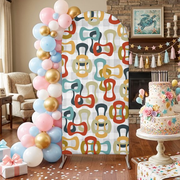 Colored Rings Arch Backdrop Covers 4 FT, Abstract Retro Colorful Ring Grey Plaid Stretchy Fitted Arched Stand Covers Party Arch Stand Cover Photo Booth for Wedding Birthday Decor