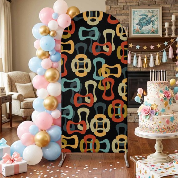 Colored Rings Arch Backdrop Covers 6 FT, Abstract Retro Colorful Ring Black Stretchy Fitted Arched Stand Covers Party Arch Stand Cover Photo Booth for Wedding Birthday Decor