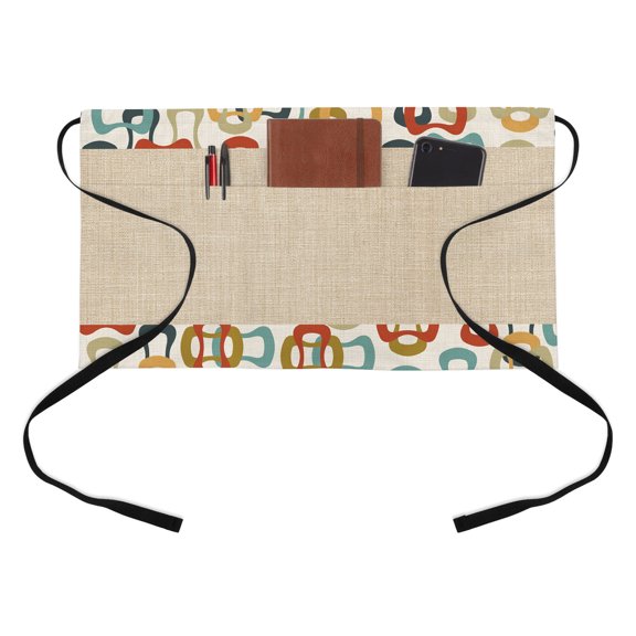 Colored Rings Kitchen Restaurant Half Waist Apron, Abstract Retro Colorful Ring Linen Texture Server Short Apron with 3 Pockets Waterproof Oil Waist Aprons for Women Waitress Waiter