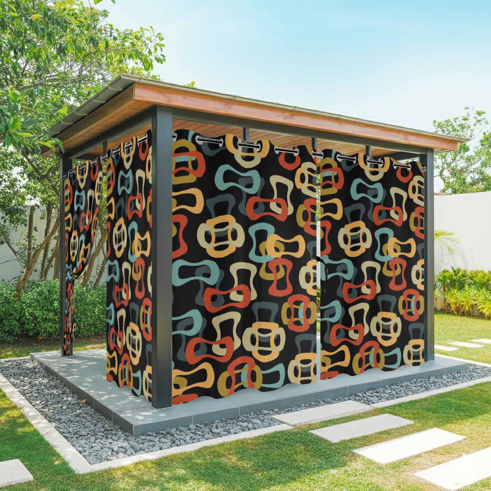 Colored Rings Outdoor Curtains for Patio, Abstract Retro Colorful Ring Black Sunshade Privacy Drapes Grommet Waterproof Outside Curtains for Porch/Cabana/Balcony 54"x 108", 1 Panel