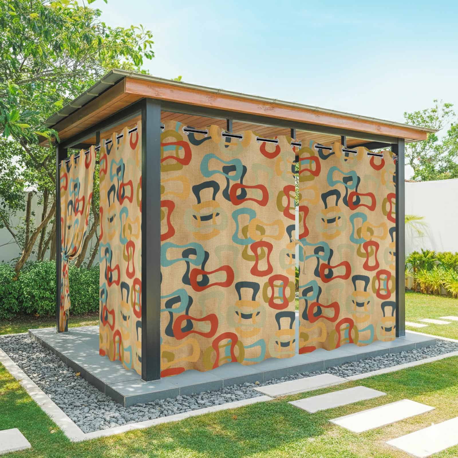 Colored Rings Outdoor Curtains for Patio, Abstract Retro Colorful Ring Brown Sunshade Privacy Drapes Grommet Waterproof Outside Curtains for Porch/Cabana/Balcony 54"x 108", 1 Panel